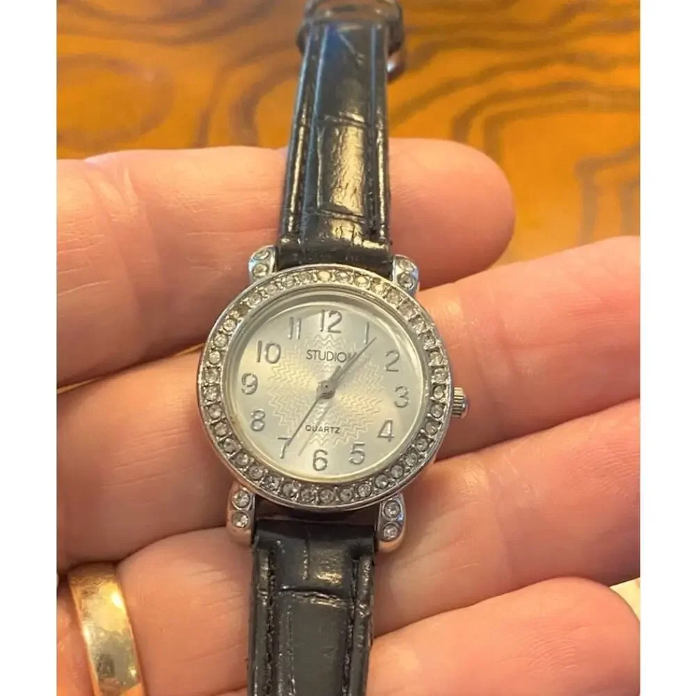 Women's Silver Tone Studio Time Watch, Crystal Accented Bezel, Black Band